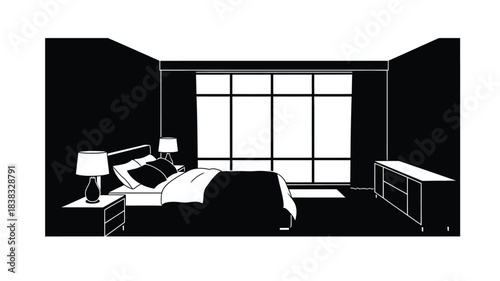 Minimalist bedroom interior with a large window and simple furnishings