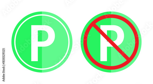 Parking and no-parking sign icon set, round traffic symbol for parking rules, green P sign and red prohibition mark – vector editable design