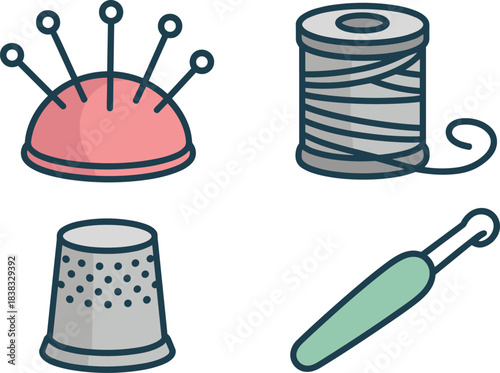 Sewing and crafting icon set featuring pincushion, thread spool, thimble, crochet hook, needlework tools, handmade craft supplies illustration