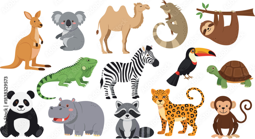 Naklejka premium A large, colorful collection of diverse wild animals from around the world, including kangaroo, panda, zebra, hippo, camel, lizard, sloth, and toucan, isolated on white.