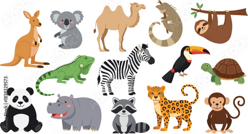A large, colorful collection of diverse wild animals from around the world, including kangaroo, panda, zebra, hippo, camel, lizard, sloth, and toucan, isolated on white.