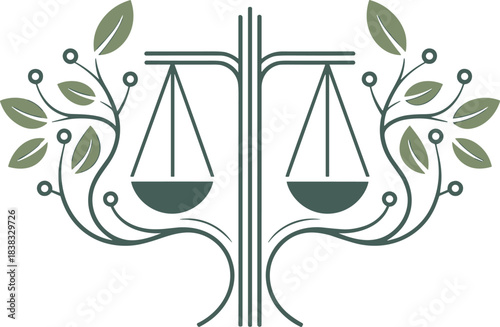 Eco justice logo, balance scale with leaves, legal symbol, environmental law design, sustainability emblem, nature protection icon, ecology illustration