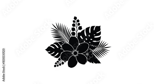 A simple black and white illustration of tropical leaves and a flower