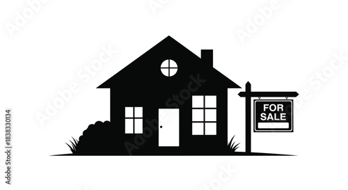 Simple black silhouette of a house with a for sale sign displayed