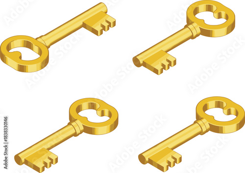 3D golden keys, isometric key set, gold house keys, security keys, locksmith icons, metal key collection, access keys illustration