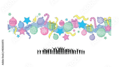 Festive Garland of Joy: A vibrant garland of celebratory elements, including gifts, baubles, candy canes, and stars, floats above a silhouette of a rejoicing crowd.