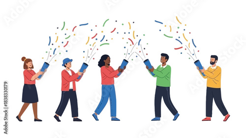 Confetti Blast of Celebration: Illustrative image of diverse people celebrating by launching colorful confetti in air, a symbol of happiness and communal festivity. 