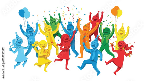 Celebration and Joy: Vibrant figures in party hats and festive attire dance and rejoice amid a cascade of colorful confetti and balloons.