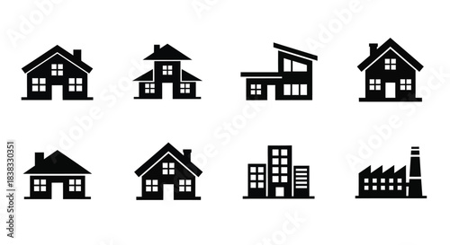 Variety of simple black house and building icons on a white background