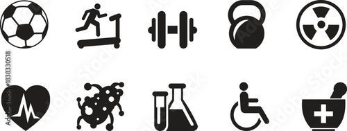 Set of Health and Wellness Icons with Sport Fitness Science Medicine and Accessibility Elements Vector Graphic Design