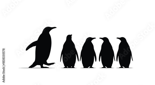 A silhouette of five penguins walking in a single file line