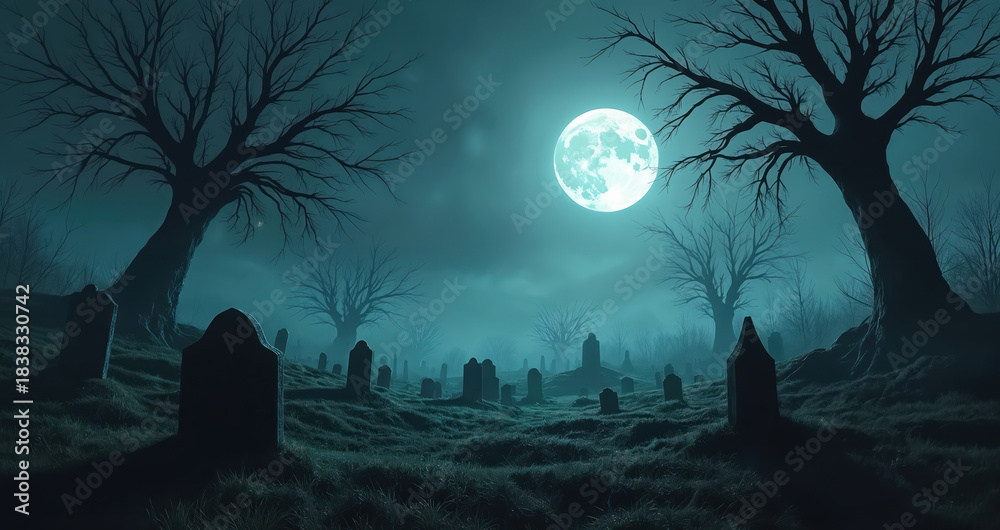 Fototapeta premium Spooky cemetery at night under a bright full moon. Dark gnarled trees surround gravestones on a foggy hill. Eerie atmosphere suggests horror or ghost stories.