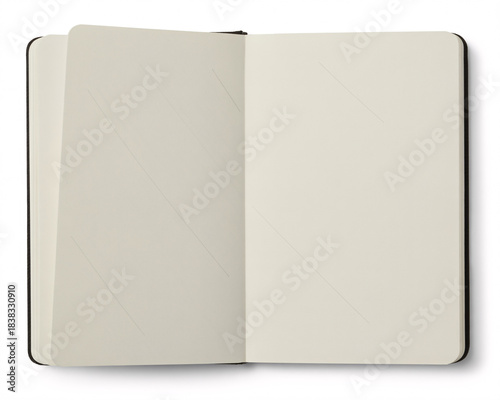 Elegant open blank notebook with faint diagonal ruling perfect for professional journaling or creative sketching projects