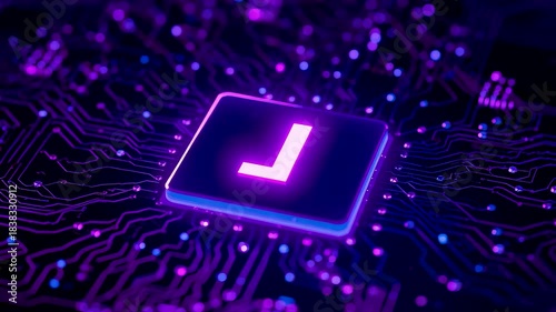 Glowing purple checkmark displayed on a digital microchip surface surrounded by illuminated circuitry creating a high tech confirmation and security concept