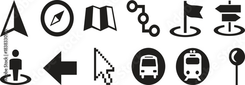 Travel and Navigation Icon Set for Maps and Urban Exploration featuring Compass Route Pointer and Transportation Icons
