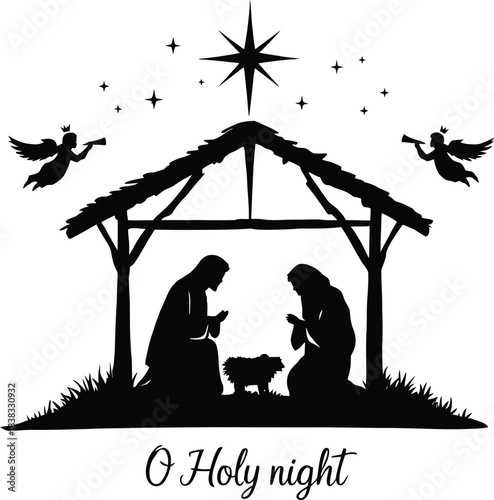 Elegant Nativity Silhouette Vector Featuring Mary, Joseph, Baby Jesus, Angels, Star of Bethlehem, and O Holy Night Text.