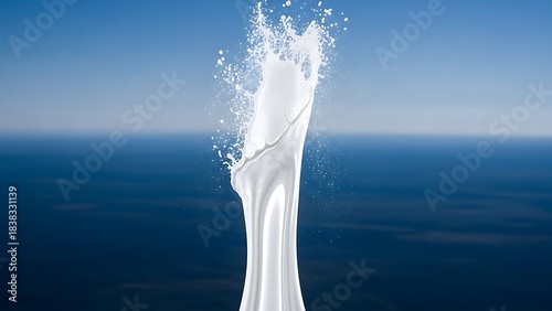 Fototapeta Naklejka Na Ścianę i Meble -  Dynamic Milk Splash Against a Serene Blue Ocean and Sky Backdrop.