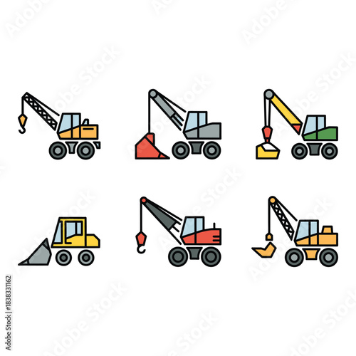 Collection of six cartoon construction vehicles with different attachments