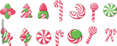 Christmas candy vector illustration with leaves set .