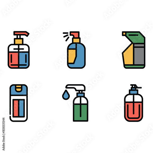 Collection of modern icons representing cleaning and sanitizing products