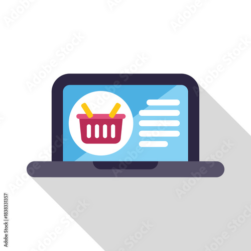 Laptop displaying shopping basket icon and product list, representing online shopping and e commerce
