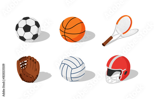 Colorful collection of sports equipment: balls, racket, glove, helmet