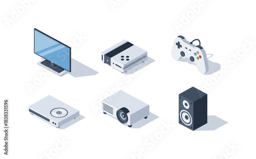 Modern home entertainment devices in isometric style