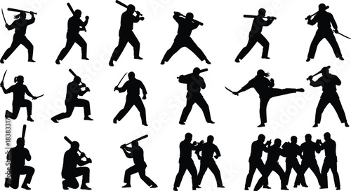Set of black silhouette martial arts fighters in various weapon and hand-to-hand combat poses, featuring swords, baseball bats, and karate kicks, isolated vector illustration on white.