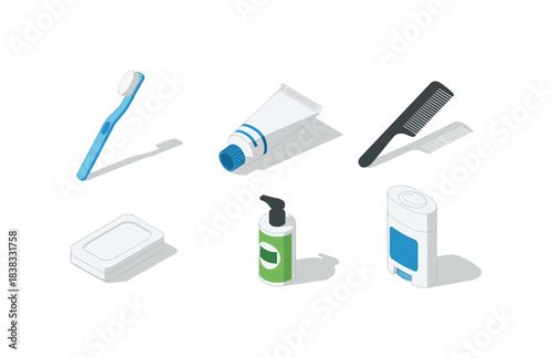 Essential bathroom items in isometric style: toothbrush, toothpaste, comb, soap, lotion, deodorant