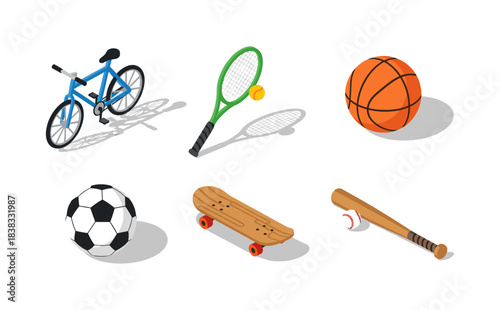 Isometric sports equipment collection featuring bike, tennis racket, ball, and skateboard