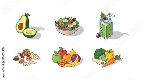 Fresh produce and healthy snacks: avocado, salad, smoothie, nuts, fruits, vegetables