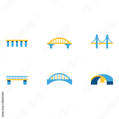 Collection of diverse bridge icons in flat design style
