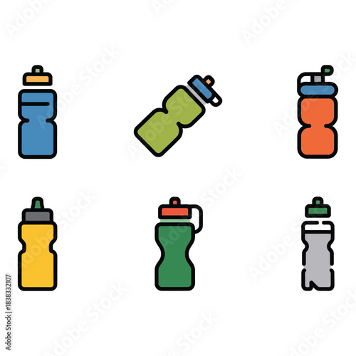 Collection of colorful sports water bottles with caps