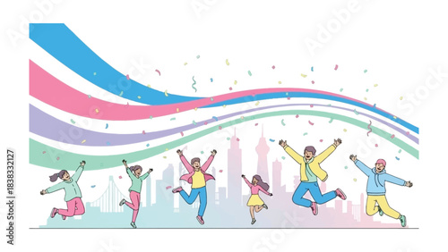 City Celebration: joyful people jumping in city skyline, celebrating with ribbons, a joyful illustration of collective happiness and festive spirit.