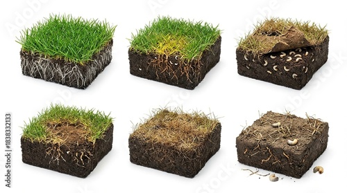 Stages of lawn damage caused by grub infestation showing healthy and dying grass