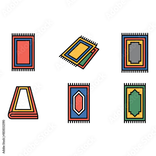 Collection of colorful islamic prayer rugs with geometric patterns