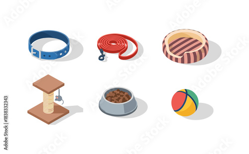 Essential pet accessories collection with collar, leash, bed, scratching post, food bowl, and toy ball