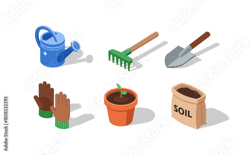 Essential gardening tools and supplies in isometric style