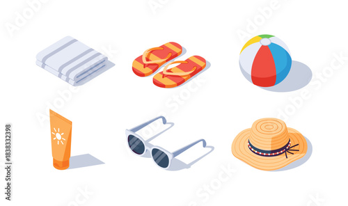 Isometric beach essentials: summer accessories with towel, flip flops, and ball