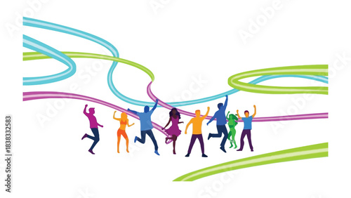 Joyful Harmony: Silhouette figures celebrate with dynamic energy against a vibrant backdrop, symbolizing unity and freedom. A scene of pure exhilaration and collective bliss.