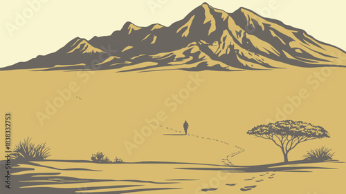 Desert Scene Illustration with Mountains and Single Traveler, Vector Artwork for Travel, Adventure, Hiking, and Outdoor Exploration Design Concepts