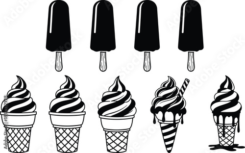 Set of black silhouette popsicles and soft serve ice cream cones with dripping swirl and striped patterns, isolated collection of frozen summer dessert food vector illustrations.