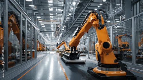 Orange Robotic arm manufacturing Electric vehicle battery at a giga factory