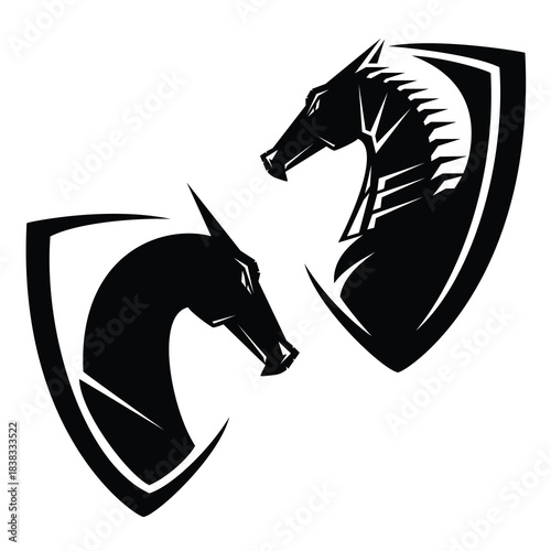 dragon profile head and simple heraldic shield - elegant medieval stylized coat of arms black and white vector design