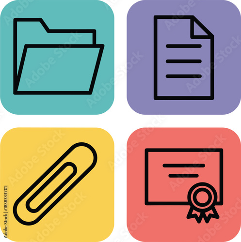 Office document icon set, folder, file, paperclip and certificate symbols, colorful square buttons, minimal line style business graphics