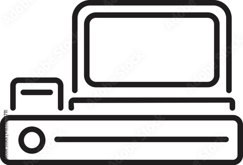 Line drawing of a vintage computer system featuring monitor, floppy disk drive, and keyboard, evoking nostalgia for early personal computing