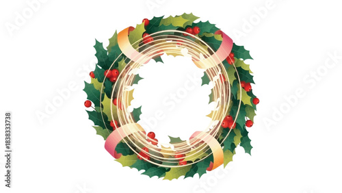 Festive Wreath: A vibrant, circular wreath adorned with lush green foliage, bright red berries, and elegant ribbons, symbolizing the spirit of festive seasons and celebration.