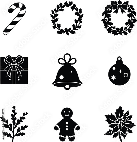 Black Silhouette Vector Set of Nine Christmas Icons Including Candy Cane, Wreath, Gift Box, Bell, Ornament, and Gingerbread Man