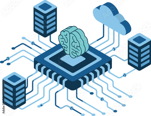 Isometric AI processor illustration, artificial intelligence chip, cloud computing network, data servers, machine learning technology, neural processing, digital innovation graphic