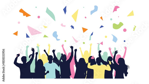 Celebration in Silhouette: A joyful crowd with raised arms celebrates amongst a shower of colorful confetti, expressing jubilance and unity. 